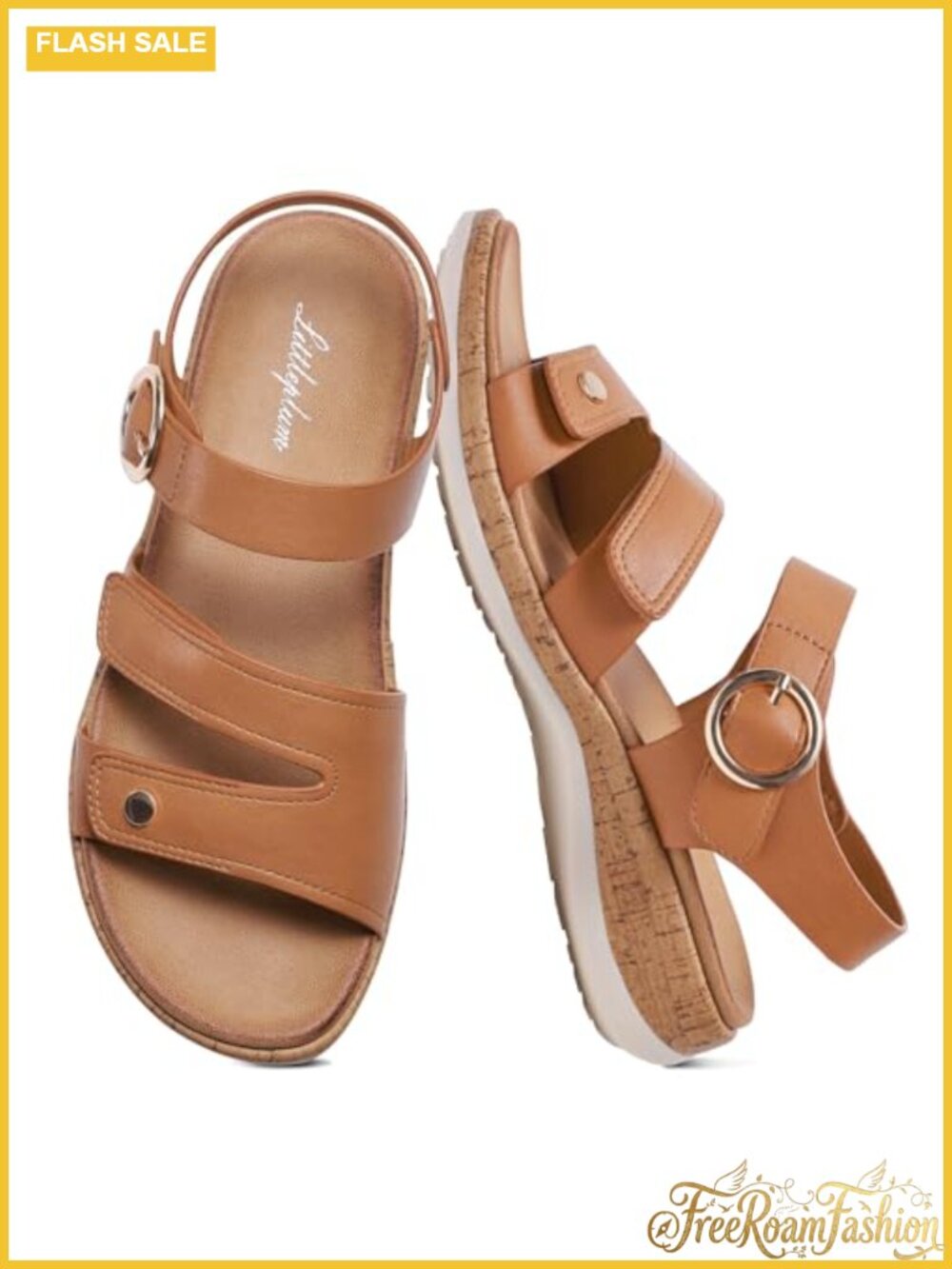 Womens Faux Leather Flat Sandals with Arch Support Adjustable Comfy Walking